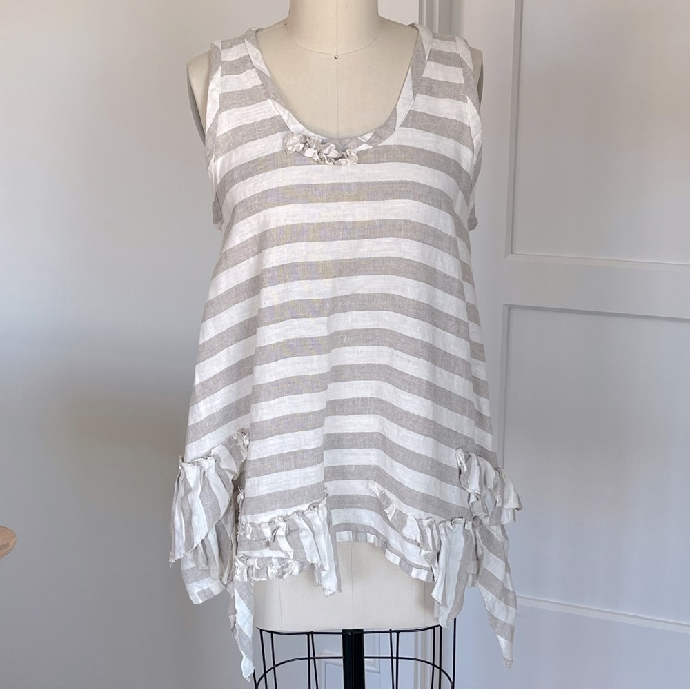 NWT Diane Ness oversized sleeveless linen tunic, raw edge ruffle hem, size S